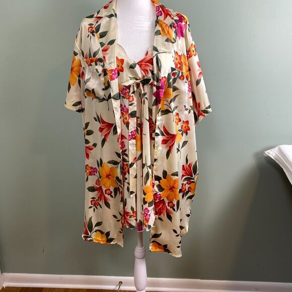 Victorias Secret Robe Chemise Set Womens Large Floral Satin Romantic 2 pc - Picture 1 of 15